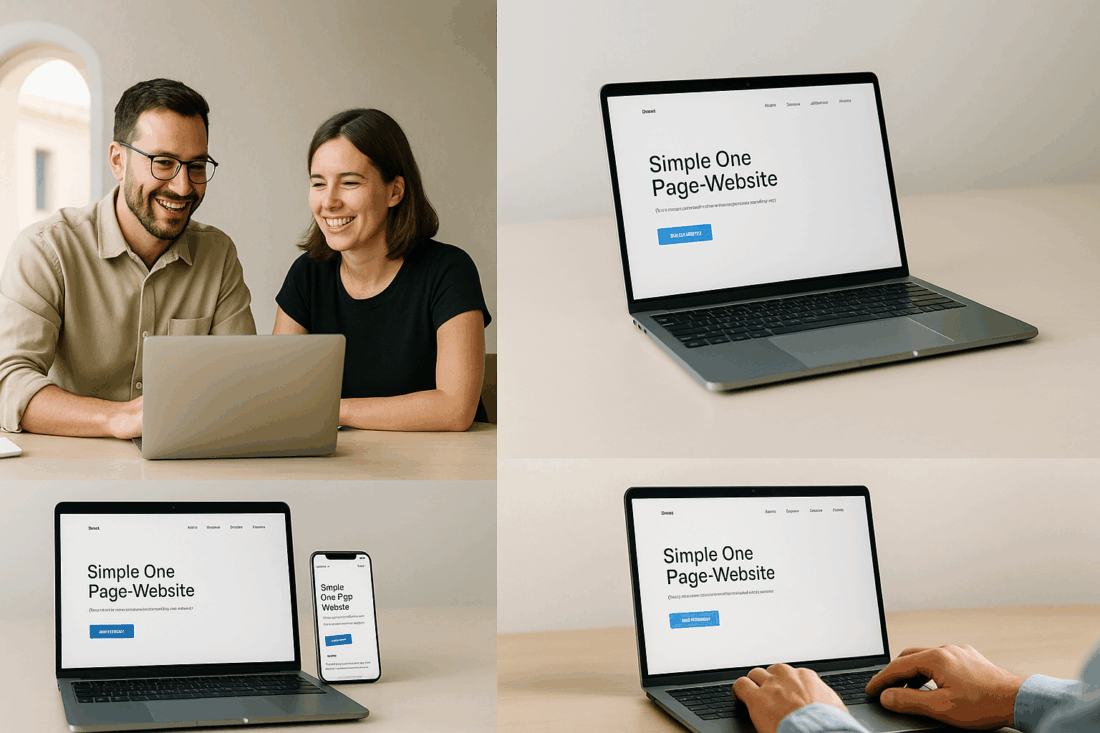 Pareja revisando el diseño de una web one-page en Alicante para su negocio local.página One-Page; ambiente luminoso y profesional en Alicante.